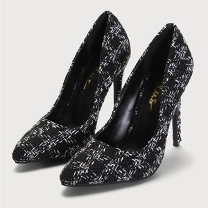 Black and White Boucle Pointed-Toe Pumps